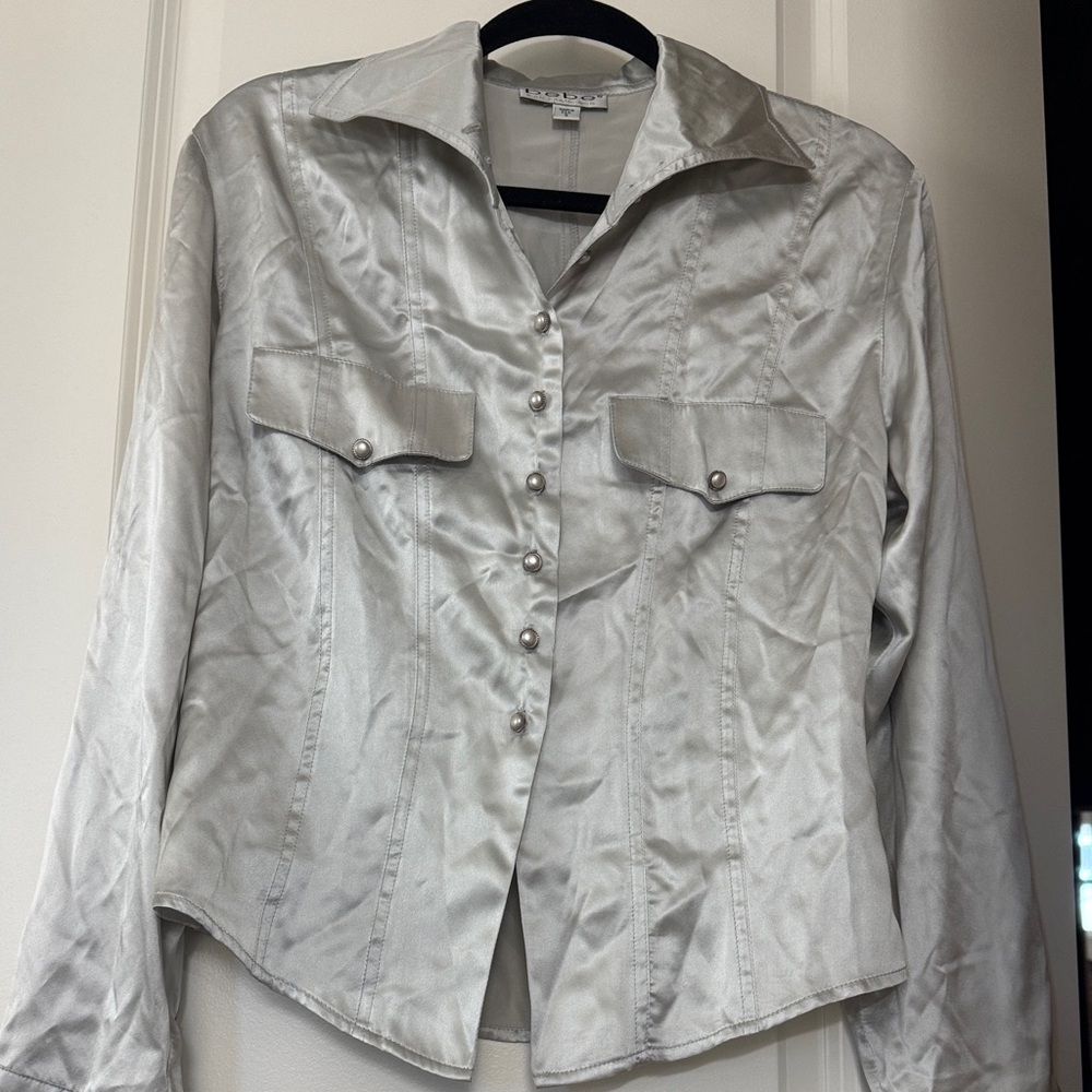 Silver Bebe Western Button-Up Satin Blouse Small